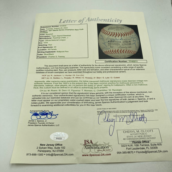 1977 New York Yankees World Series Champs Team Signed Baseball JSA COA