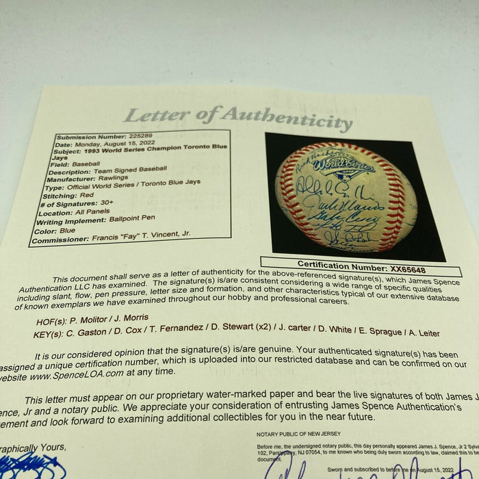 1993 Toronto Blue Jays World Series Champs Team Signed W.S. Baseball JSA COA