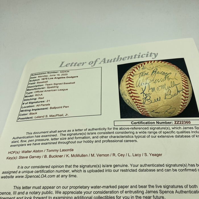 1975 Los Angeles Dodgers Team Signed Baseball Walt Alston Tommy Lasorda JSA COA