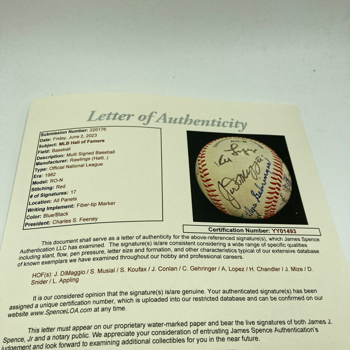 Joe Dimaggio Sandy Koufax Stan Musial Hall Of Fame Multi Signed Baseball JSA COA