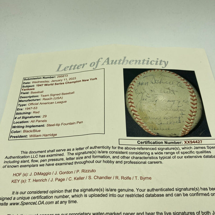 1947 New York Yankees World Series Champs Team Signed Baseball JSA COA