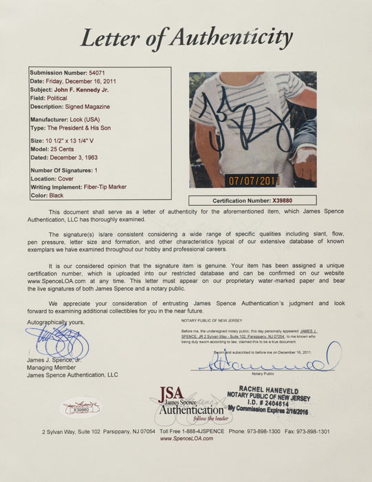 John F. Kennedy Jr. JFK Signed Look Magazine JSA COA RARE