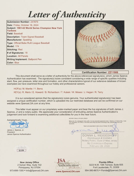 1961 Yankees World Series Champs Team Signed Baseball Mickey Mantle Maris JSA