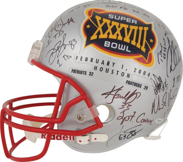 f6 helmet football 2003 New England Patriots Super Bowl Champs Team Signed Helmet Tom Bra — Showpieces Sports
