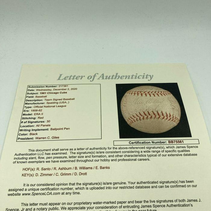 1961 Chicago Cubs Team Signed NL Baseball Ernie Banks Billy Williams JSA COA