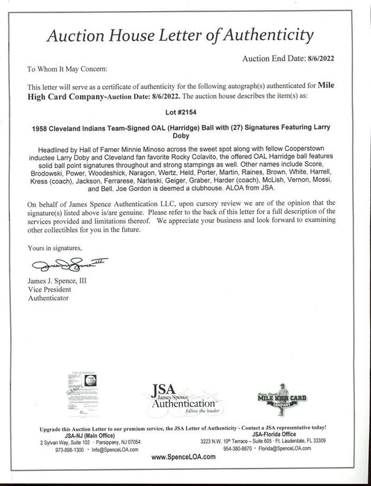 Beautiful 1958 Cleveland Indians Team Signed American League Baseball JSA COA