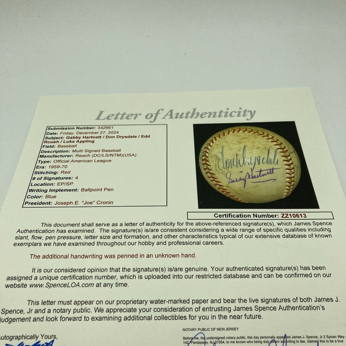 Gabby Hartnett Edd Roush Don Drysdale Signed Game Used Baseball From Bat Boy JSA