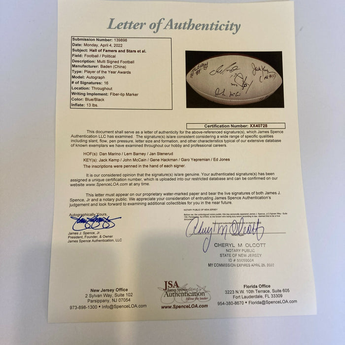 2005 Super Bowl Signed Football Dan Marino Gene Hackman Jack Kemp John Mccain