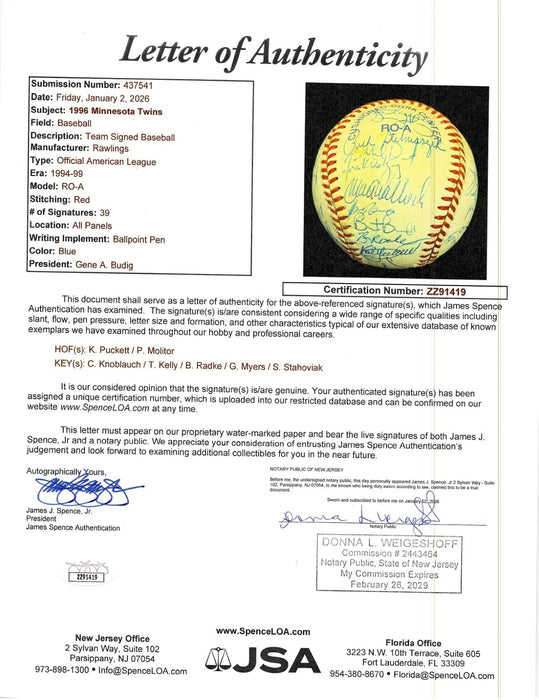 Kirby Puckett 1996 Minnesota Twins Team Signed Baseball JSA COA