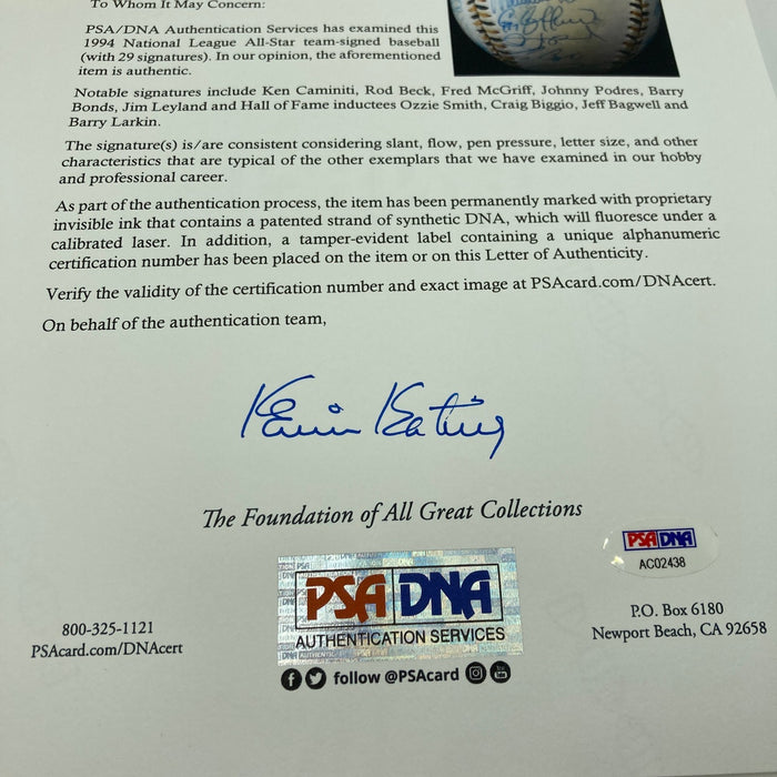 1994 All Star Game National League Team Signed Baseball Barry Bonds PSA DNA COA