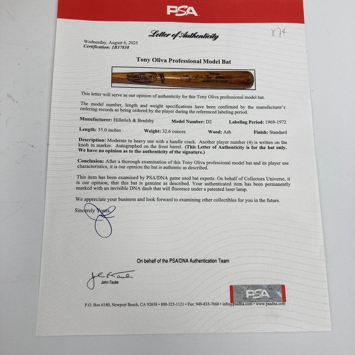 Tony Oliva Signed 1969 Louisville Slugger Game Used Baseball Bat PSA DNA COA