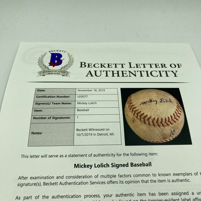 Mickey Lolich Signed Career Win No. 48 Final Out Game Used Baseball Beckett COA