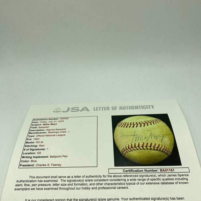 Willie Mays Signed 1970's Vintage National League Feeney Baseball JSA COA