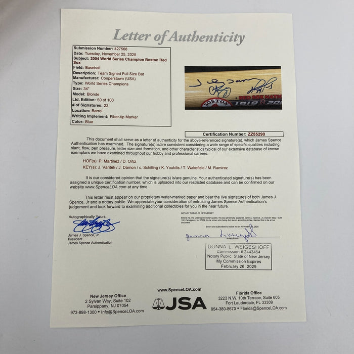 2004 Boston Red Sox World Series Champs Team Signed Baseball Bat JSA COA