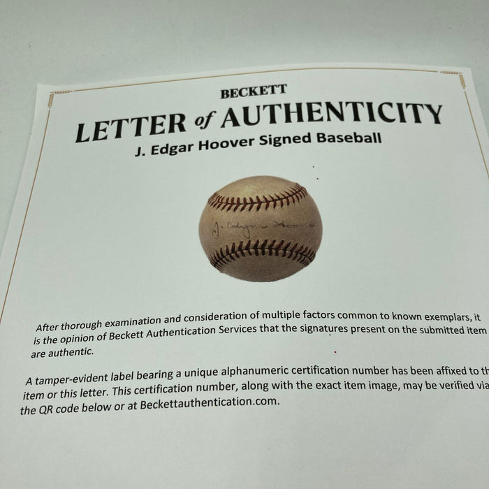 J. Edgar Hoover Single Signed 1930's Baseball The Only One Known PSA & Beckett
