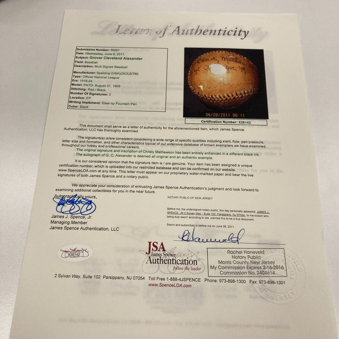 Christy Mathewson & Grover Cleveland Alexander Signed NL Baseball PSA DNA & JSA