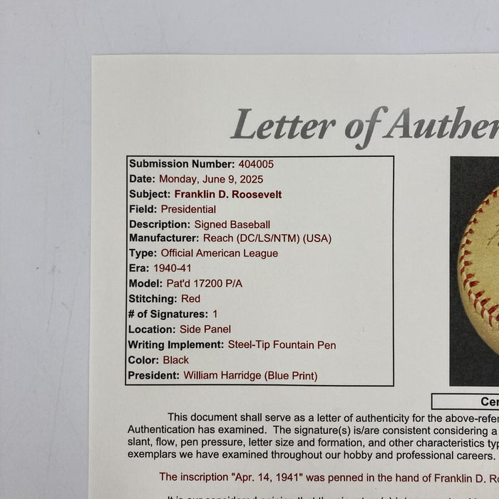 President Franklin D. Roosevelt First Pitch Signed Baseball April 14, 1941 JSA