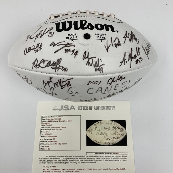 2001 Miami Hurricanes NCAA National Champions Team Signed Football JSA COA
