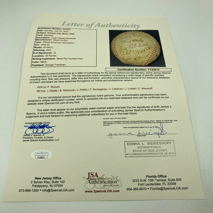 Phil Rizzuto 1940 Kansas City Blues Rookie Minor League Team Signed Baseball JSA