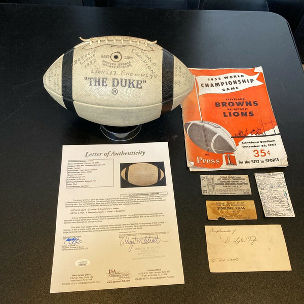 1952 Detroit Lions NFL Champs Team Signed Football W/ Tickets & Program JSA COA