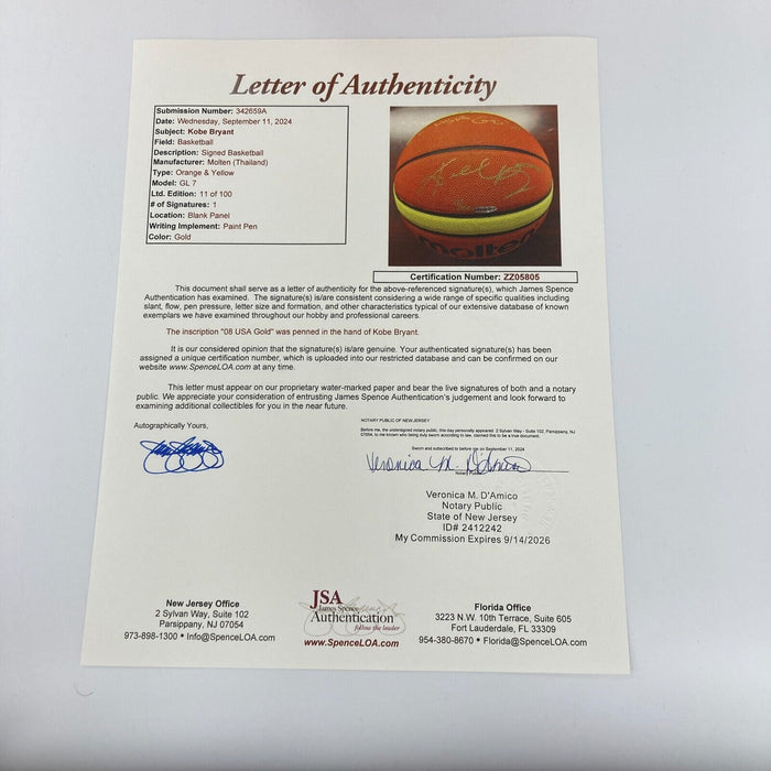 Kobe Bryant "2008 USA Gold" Signed Official Olympics FIBA Basketball UDA & JSA