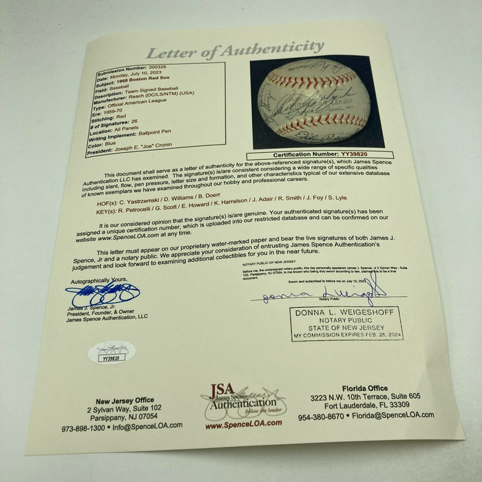 1968 Boston Red Sox Team Signed American League Baseball JSA COA