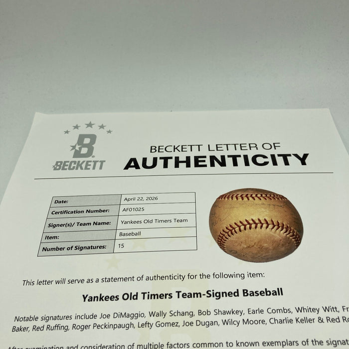 Joe Dimaggio Frank Baker Bob Shawkey Earle Combs Red Rolfe Signed Baseball PSA