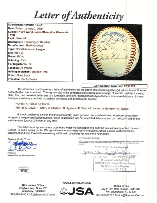 1991 Minnesota Twins World Series Champs Team Signed Baseball JSA COA