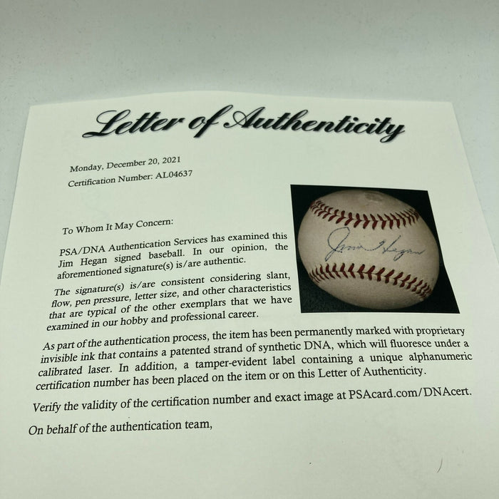 Beautiful Jim Hegan Signed 1950's American League Harridge Baseball PSA DNA COA