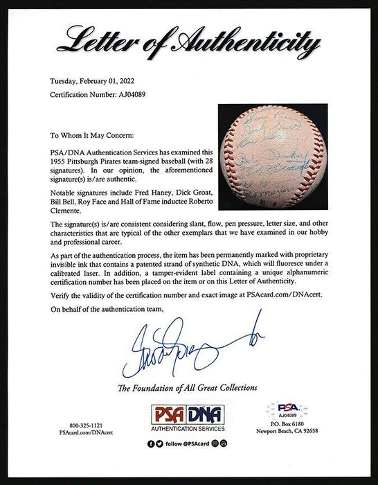 Roberto Clemente Rookie 1955 Pittsburgh Pirates Signed Baseball PSA DNA