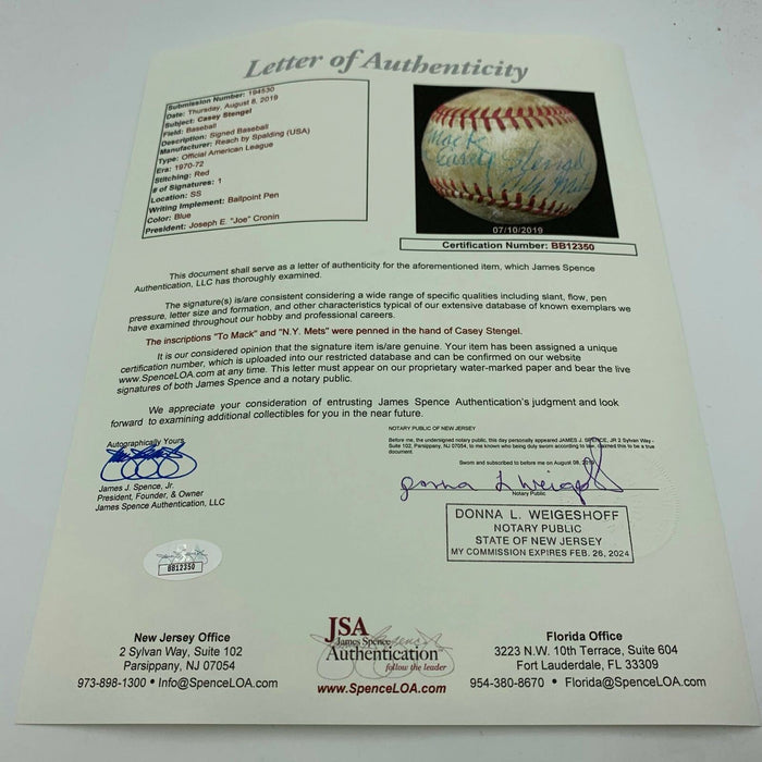 Nice Casey Stengel Single Signed Official American League Baseball With JSA COA