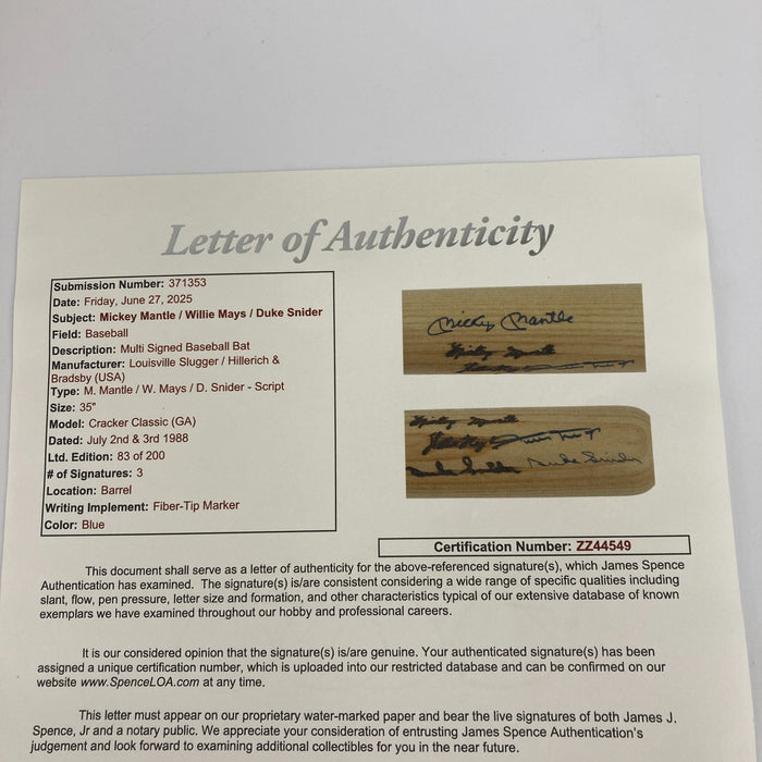 Mickey Mantle Willie Mays & Duke Snider Signed Baseball Bat JSA COA