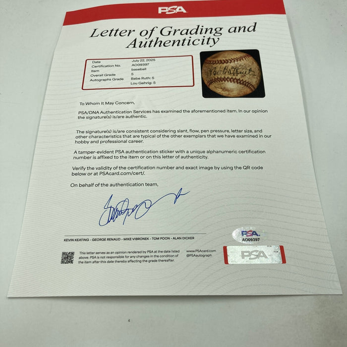 Babe Ruth & Lou Gehrig Dual Signed Baseball PSA DNA COA