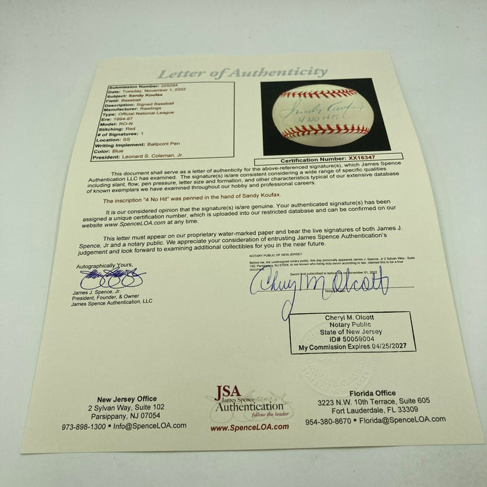 Sandy Koufax 4 No Hitters Signed National League Baseball JSA COA