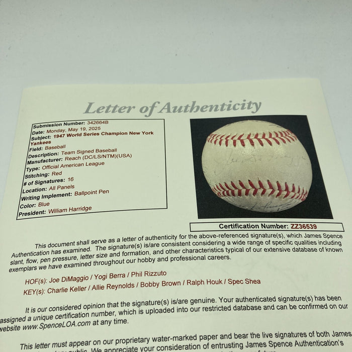 1947 New York Yankees World Series Champs Team Signed Baseball JSA COA