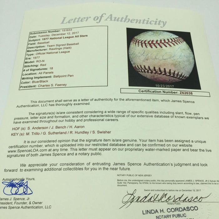 1977 All Star Game Team Signed Baseball Hank Aaron Sparky Anderson With JSA COA