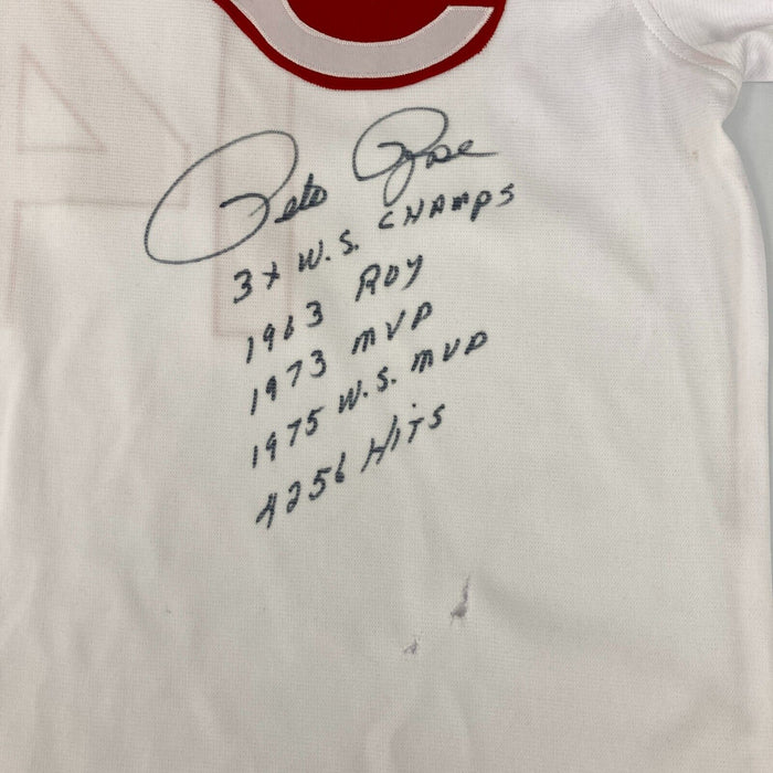 Pete Rose Signed Heavily Inscribed STATS Cincinnati Reds Jersey JSA COA