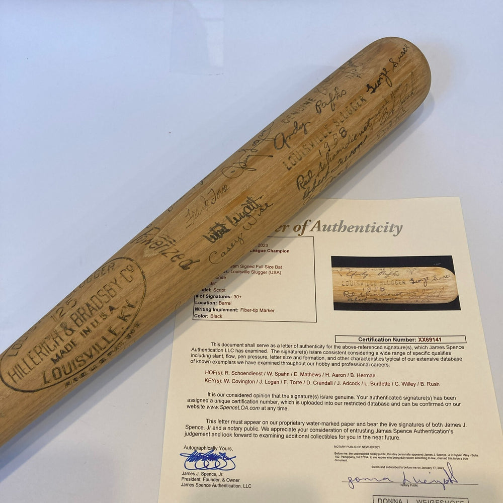 1958 Milwaukee Braves NL Champs Team Signed Game Issued Bat JSA & MEARS COA