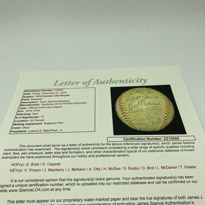 Beautiful George Brett Rookie 1974 Kansas City Royals Team Signed Baseball JSA