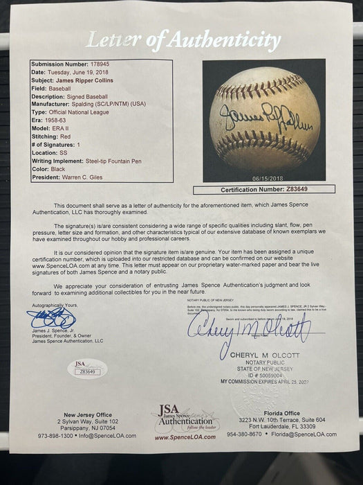 James Rip Collins Single Signed Official National League Baseball JSA COA RARE