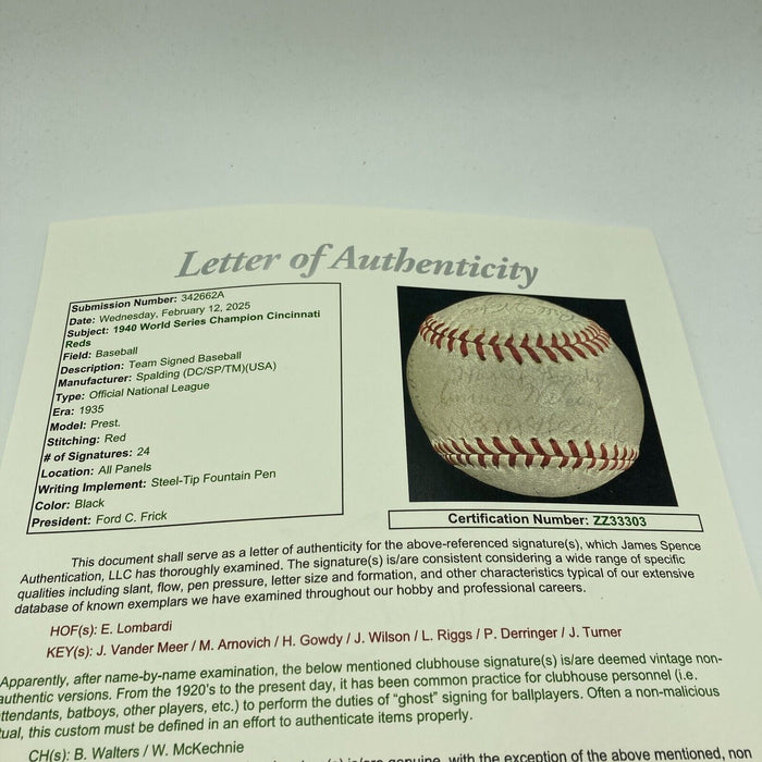 1940 Cincinnati Reds World Series Champs Team Signed Baseball JSA COA