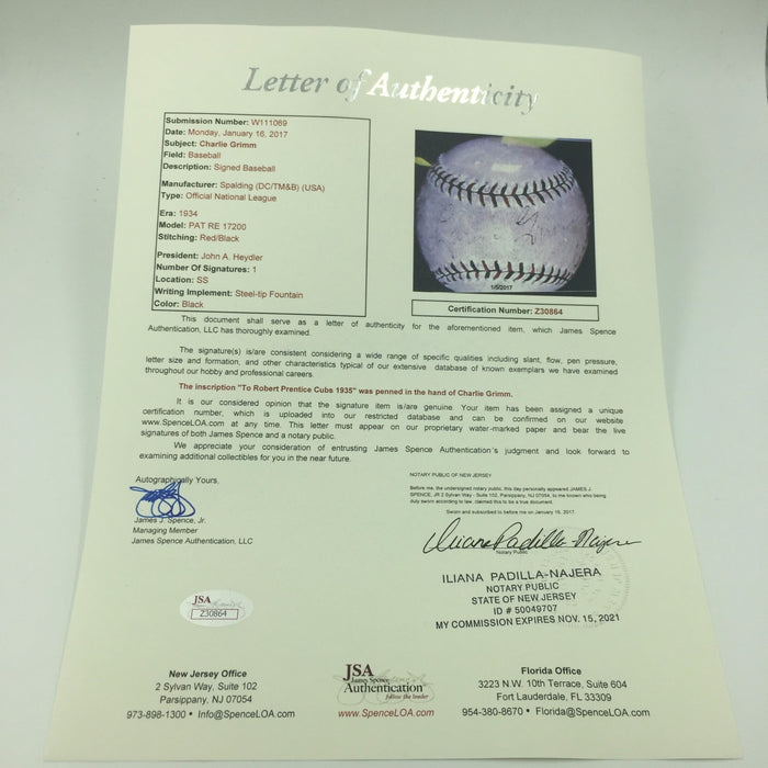 Charlie Grimm 1935 Chicago Cubs Signed National League Baseball JSA COA