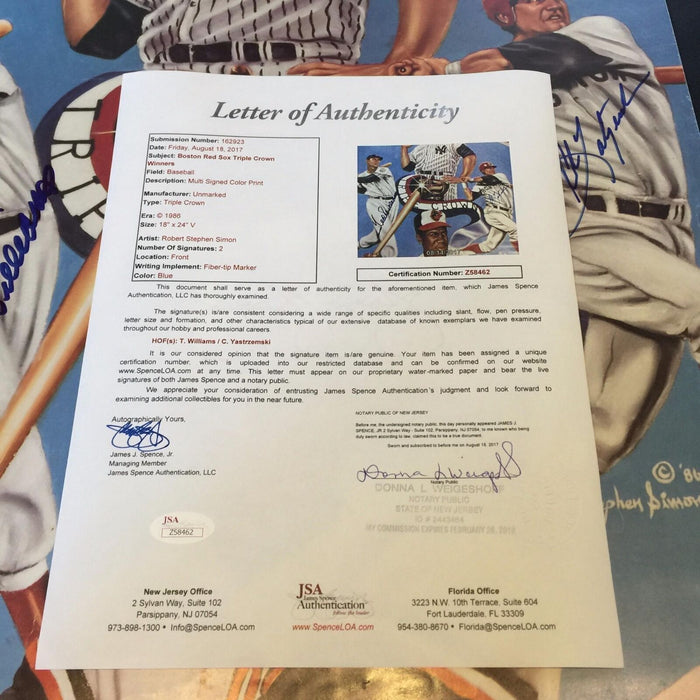 Ted Williams & Carl Yastrzemski Signed Large 18x24 Triple Crown Photo JSA COA