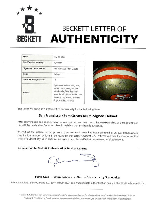 Joe Montana Jerry Rice San Francisco 49ers Legends Signed Game Helmet Beckett