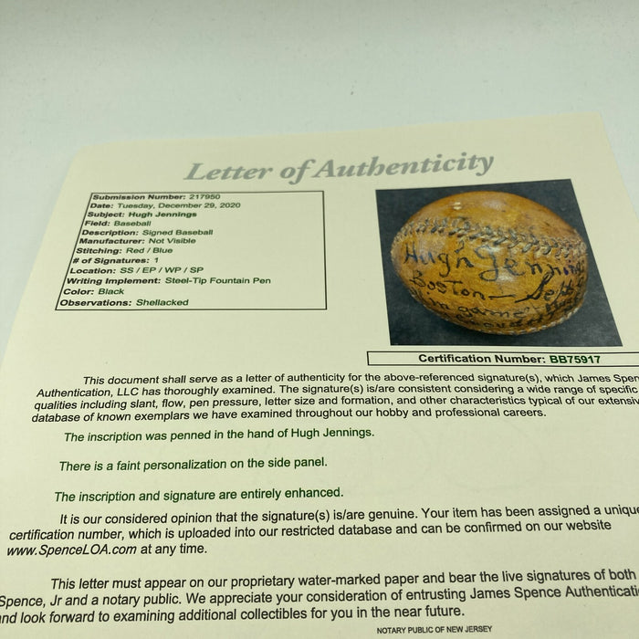 Hughie Jennings Single Signed Game Used 1909 Pennant Winning Baseball JSA COA