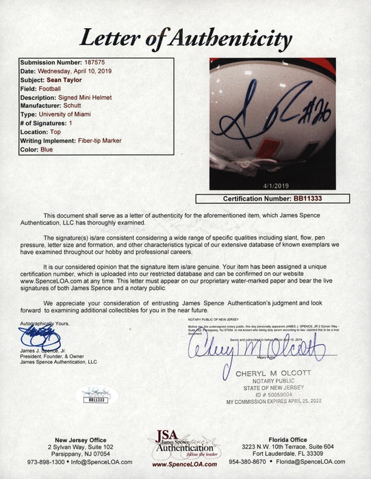 Sean Taylor Signed University of Miami Schutt Mini Football Helmet JSA COA