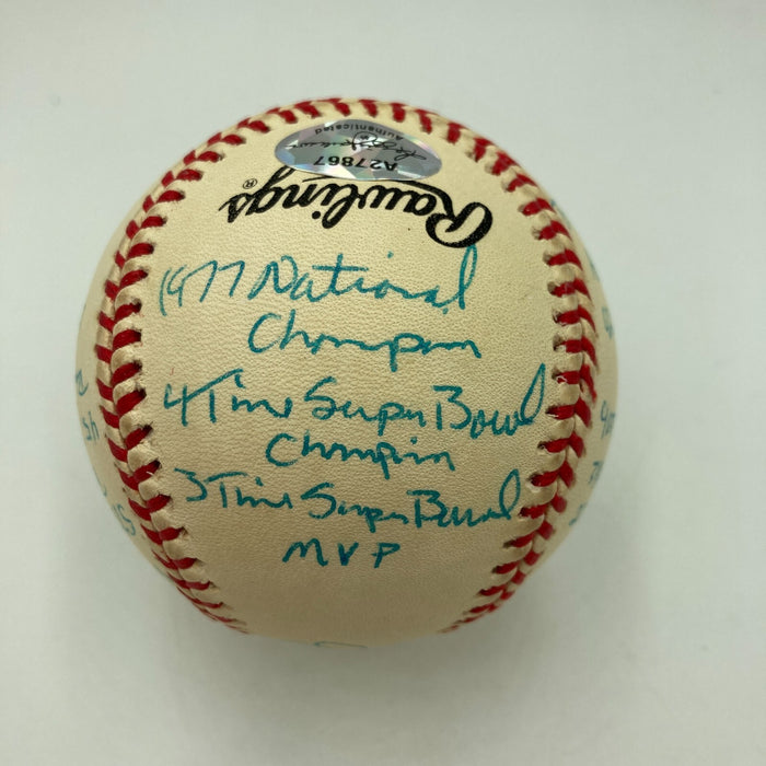 Joe Montana Signed Heavily Inscribed Career STAT Baseball Reggie Jackson COA