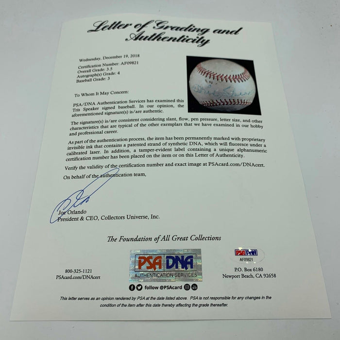 Rare Tris Speaker Single Signed Autographed Baseball With PSA DNA COA