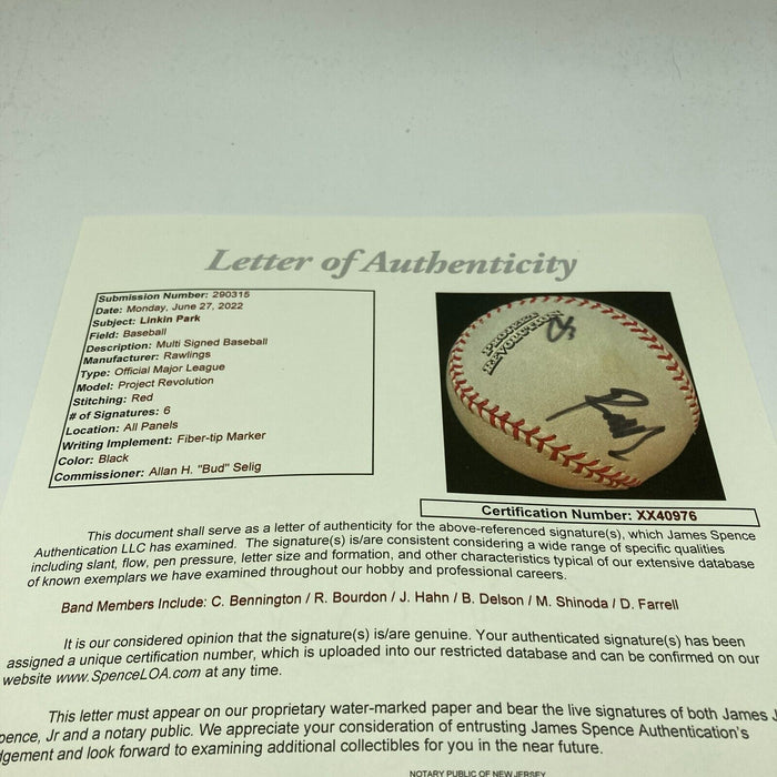 Linkin Park Band Signed Baseball 6 Signatures With Chester Bennington JSA COA