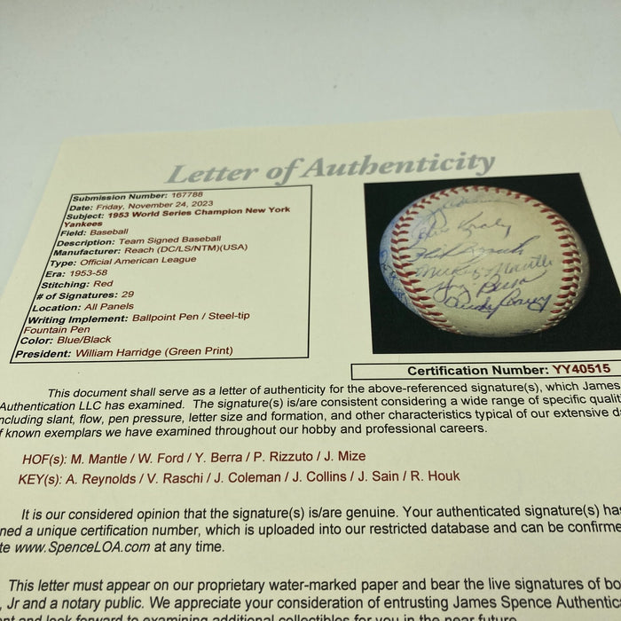 1953 New York Yankees World Series Champs Team Signed Baseball Mickey Mantle JSA